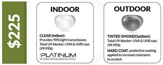 $225: Indoor - Clear (Indoor). Provides 90% light transmission. Total UV blocker: UVA and UVB rays (99.99%). Outdoor - Tinted Smoke (outdoor). Total UV blocker: UVA and UVB rays (99.99%). Hard Coat: Protective coating applied to increase resistance to scratch.